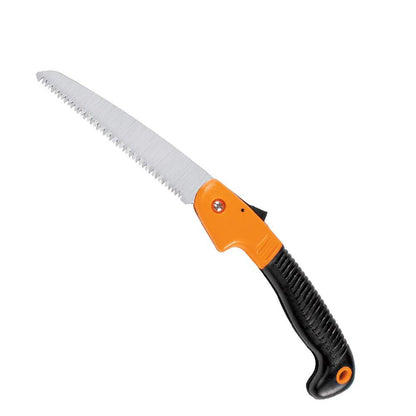 Wukusy 464 folding saw with 180mm blade for pruning, trimming, camping, shrubs, and wood cutting, showing the saw in open position.