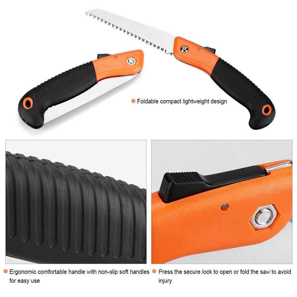 Wukusy 464 folding saw with 180mm blade for pruning, trimming shrubs, camping, and woodworking in a compact, portable design.