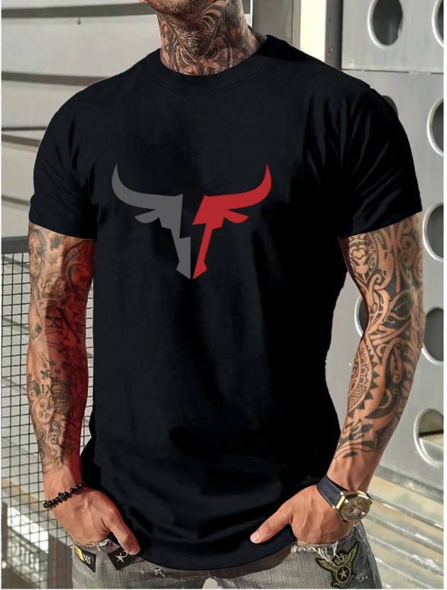 Black men's printed round neck polyester T-shirt from 4675, showcasing a stylish design and comfortable fit.