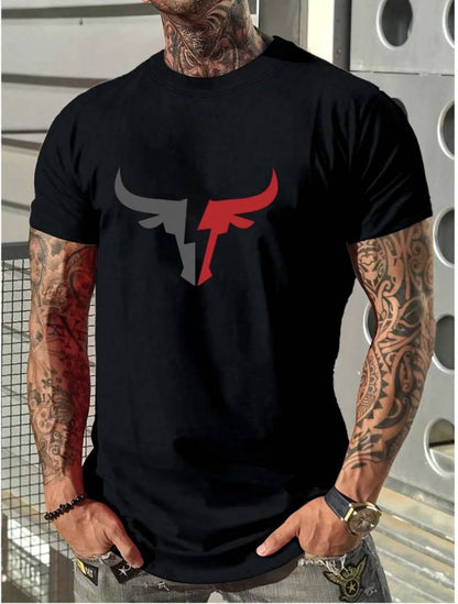 Black men's printed round neck polyester T-shirt from 4675, showcasing a stylish design and comfortable fit.