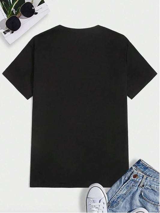 Men's black polyester T-shirt with printed round neck design, casual fit, from the 4675 brand.