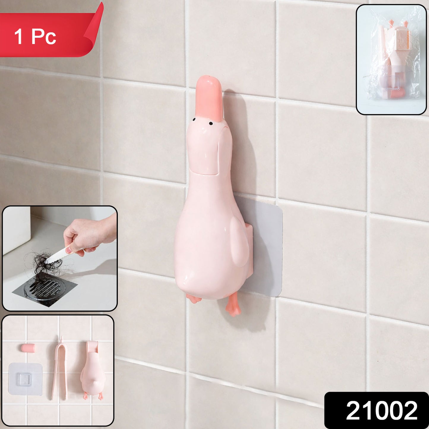 Duck-shaped bathroom hair catcher and organizer by Wukusy, showing the plastic duck design for hair collection in the shower.