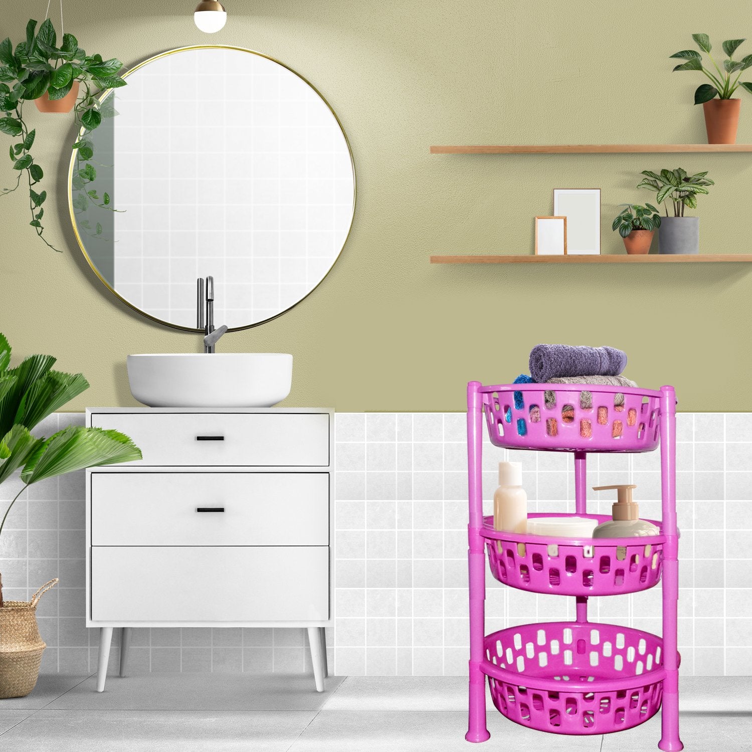 Wukusy 2507 round plastic storage rack organizer, versatile kitchen tool with multiple compartments for efficient storage.