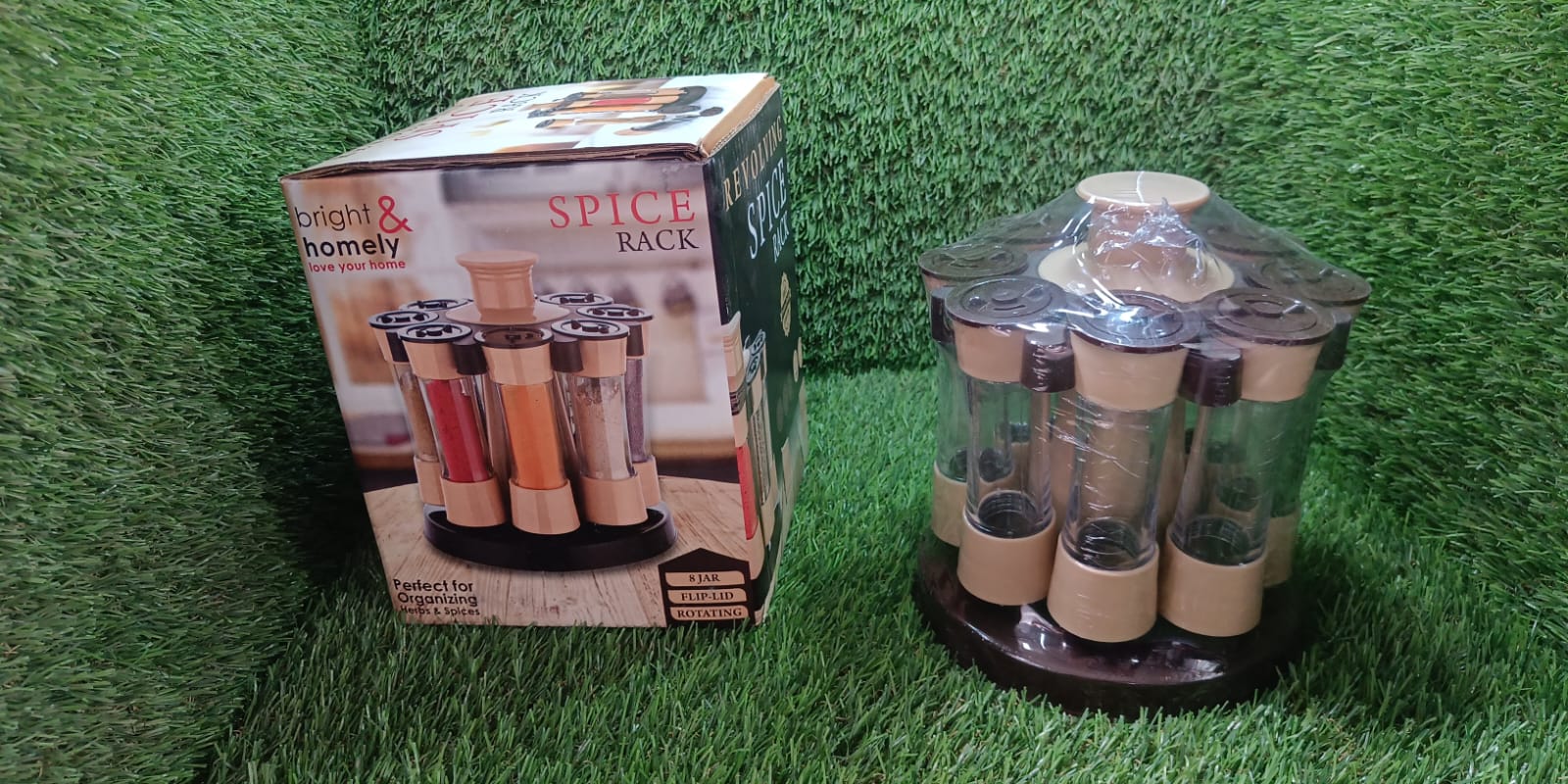 Wukusy 360° revolving spice rack with 8 condiment jars and herb seasoning organizer for kitchen and dining table use.
