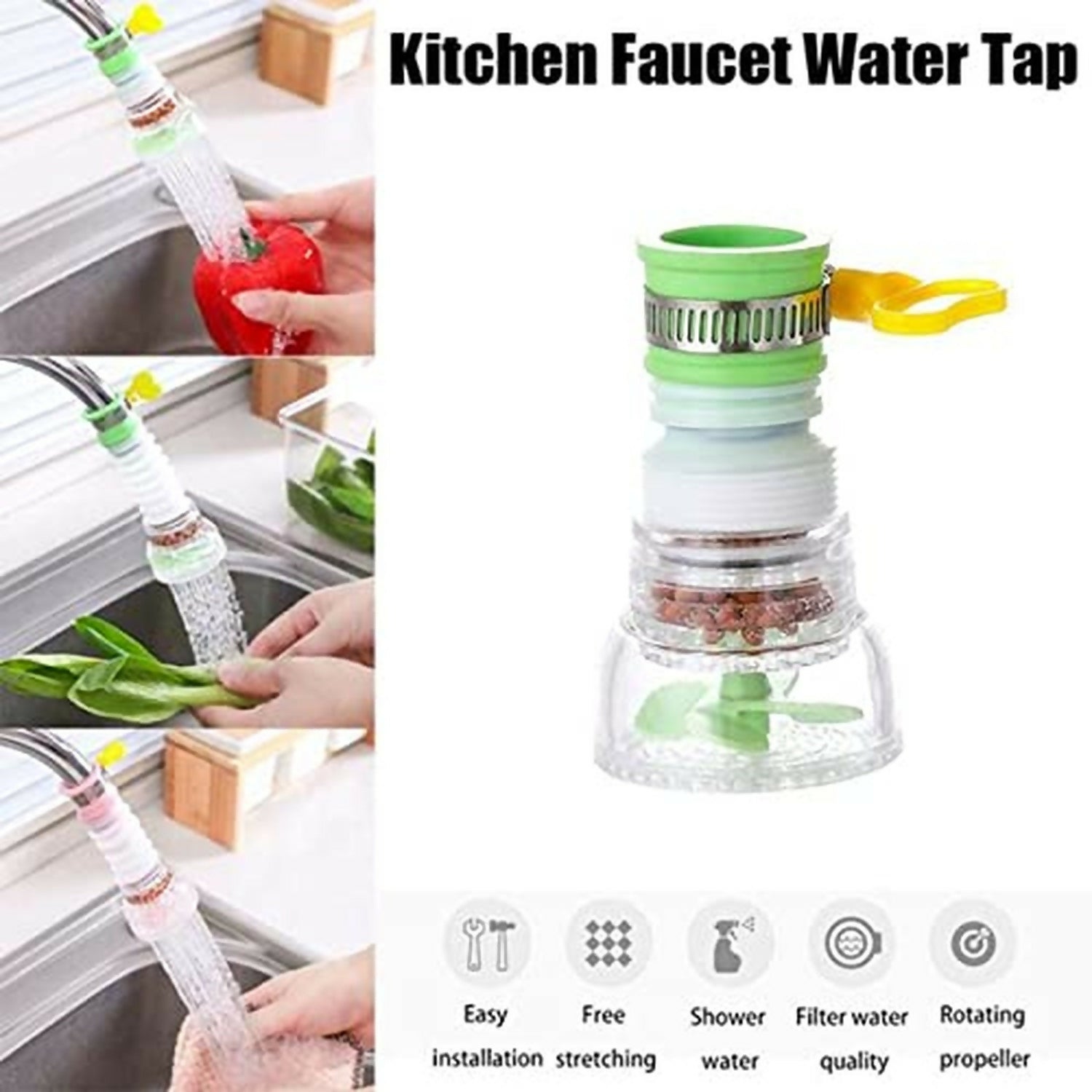 Wukusy kitchen faucet water tap filter with rotating shower head mounted on sink, showcasing sleek design and flexible spray options.