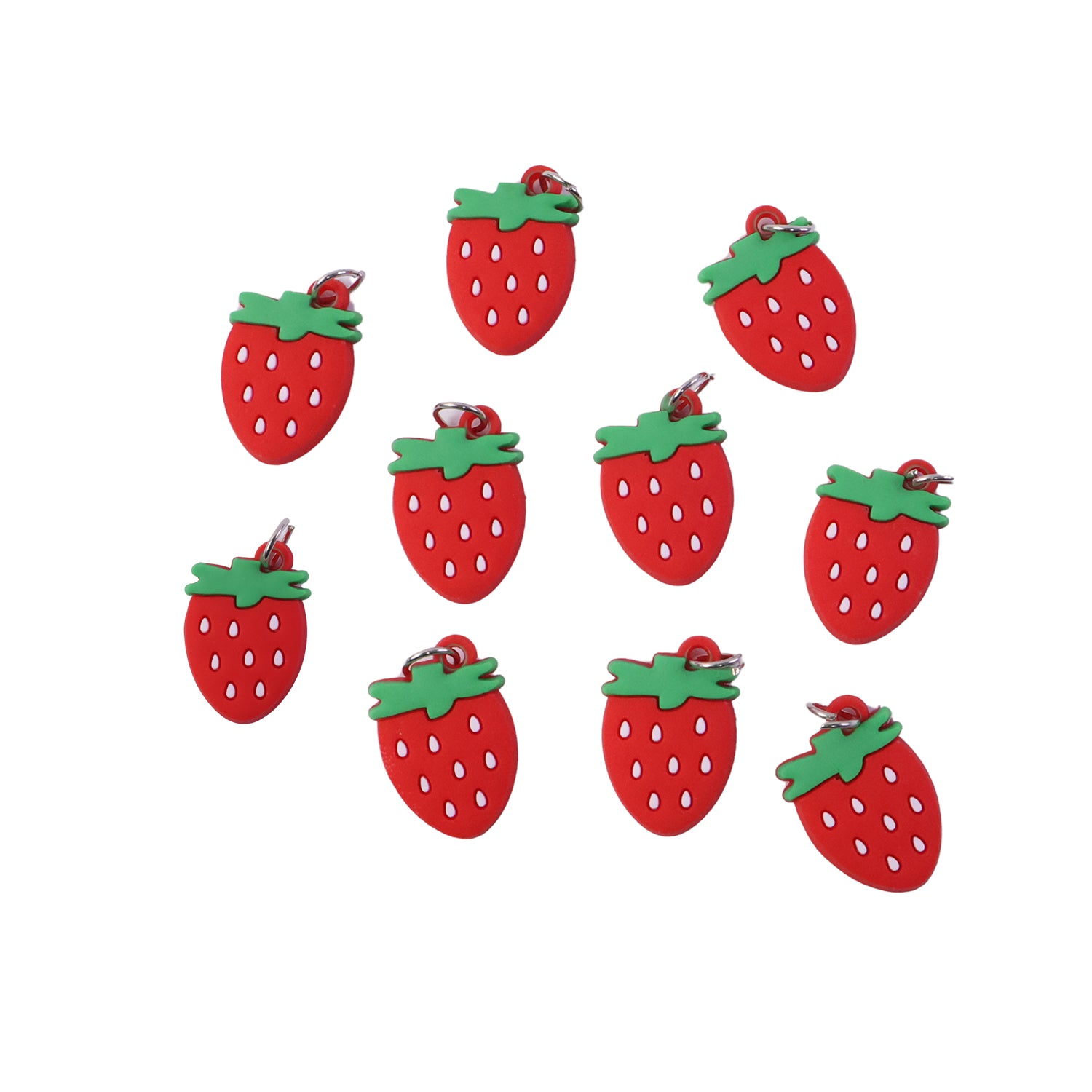 Set of 10 Wukusy strawberry design bag charm keychains with colorful, detailed fruit-shaped accessories on a plain background.