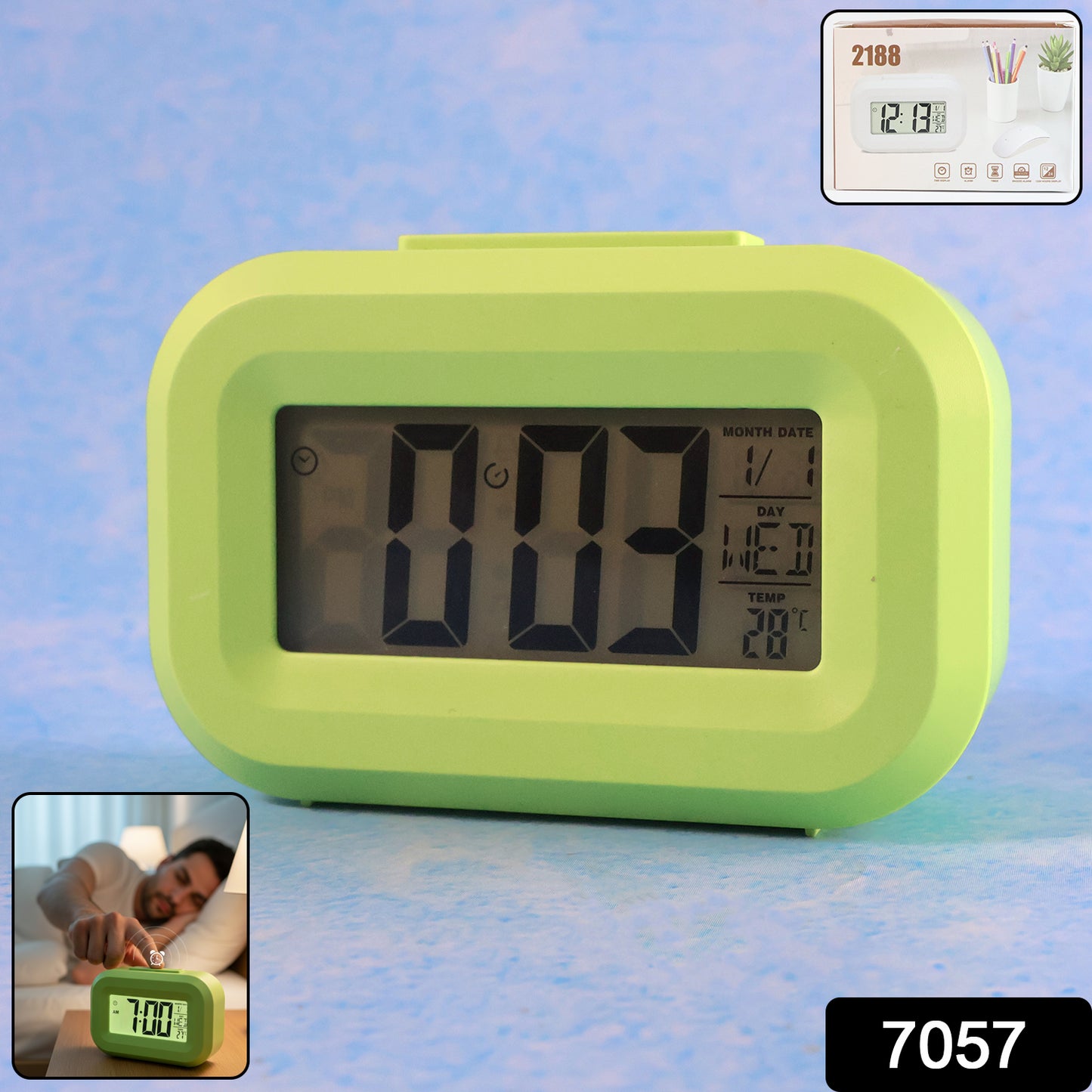 Wukusy digital alarm clock with clear LED display showing time and settings, compact and easy to read.