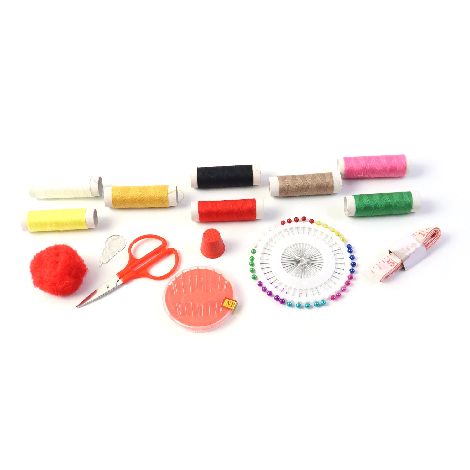 Wukusy complete sewing stitching kit with various needles, threads, scissors, and sewing tools arranged on a white background.