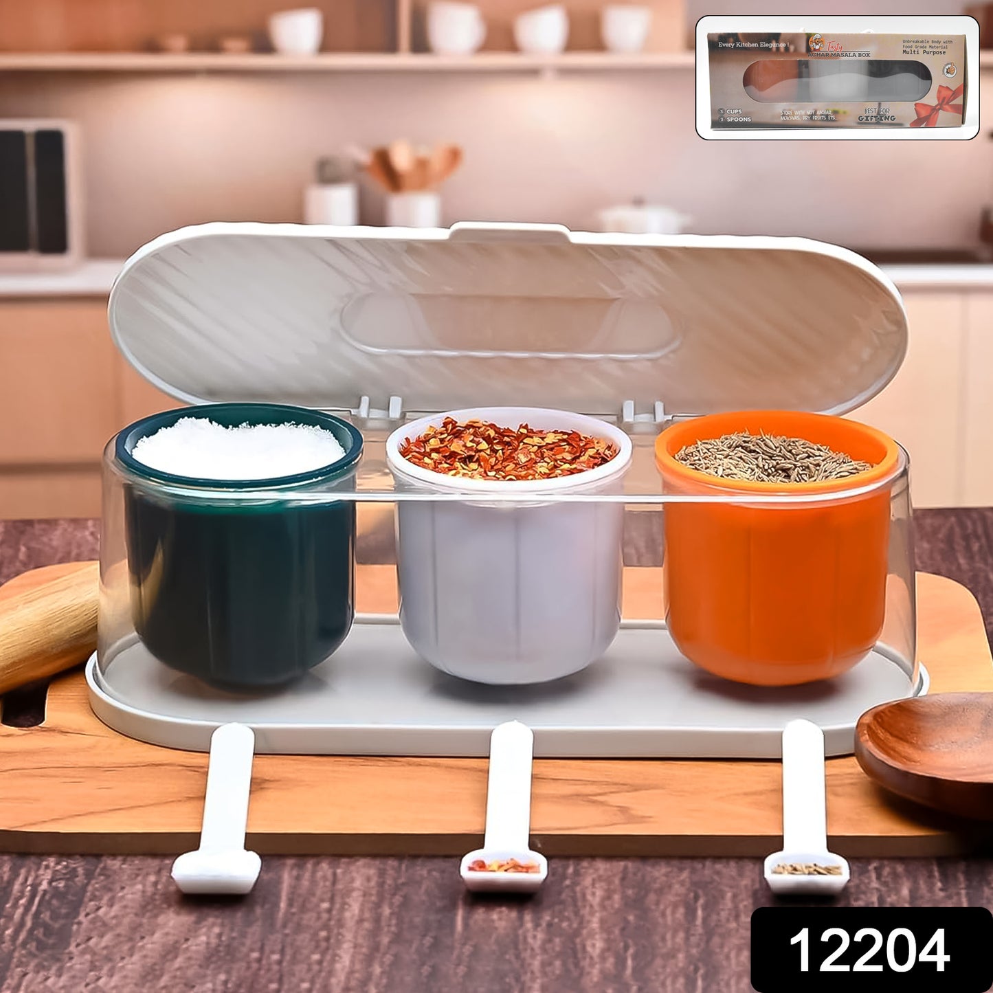 Wukusy 3-grid spice masala box kit with colorful compartments and spoon, ideal for organizing seasonings in a home kitchen.