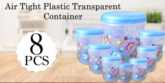 Wukusy 2448 air-tight transparent plastic container set with 10L, 7L, 5L, 3L, 2L, 1L, 750ml, and 500ml storage jars
