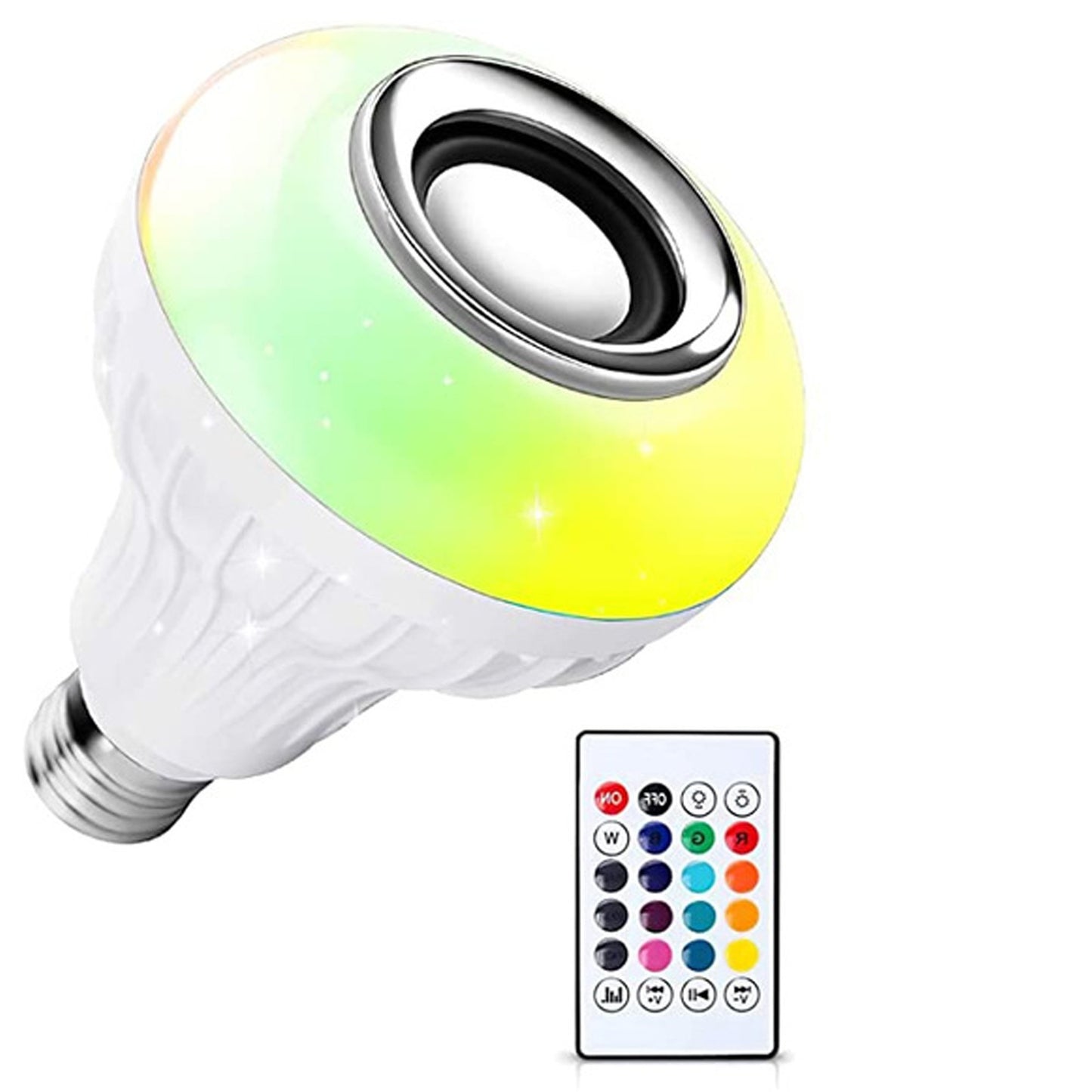 Wukusy 12W wireless Bluetooth LED bulb with multicolor lighting and remote control, used for home decor and mood lighting.