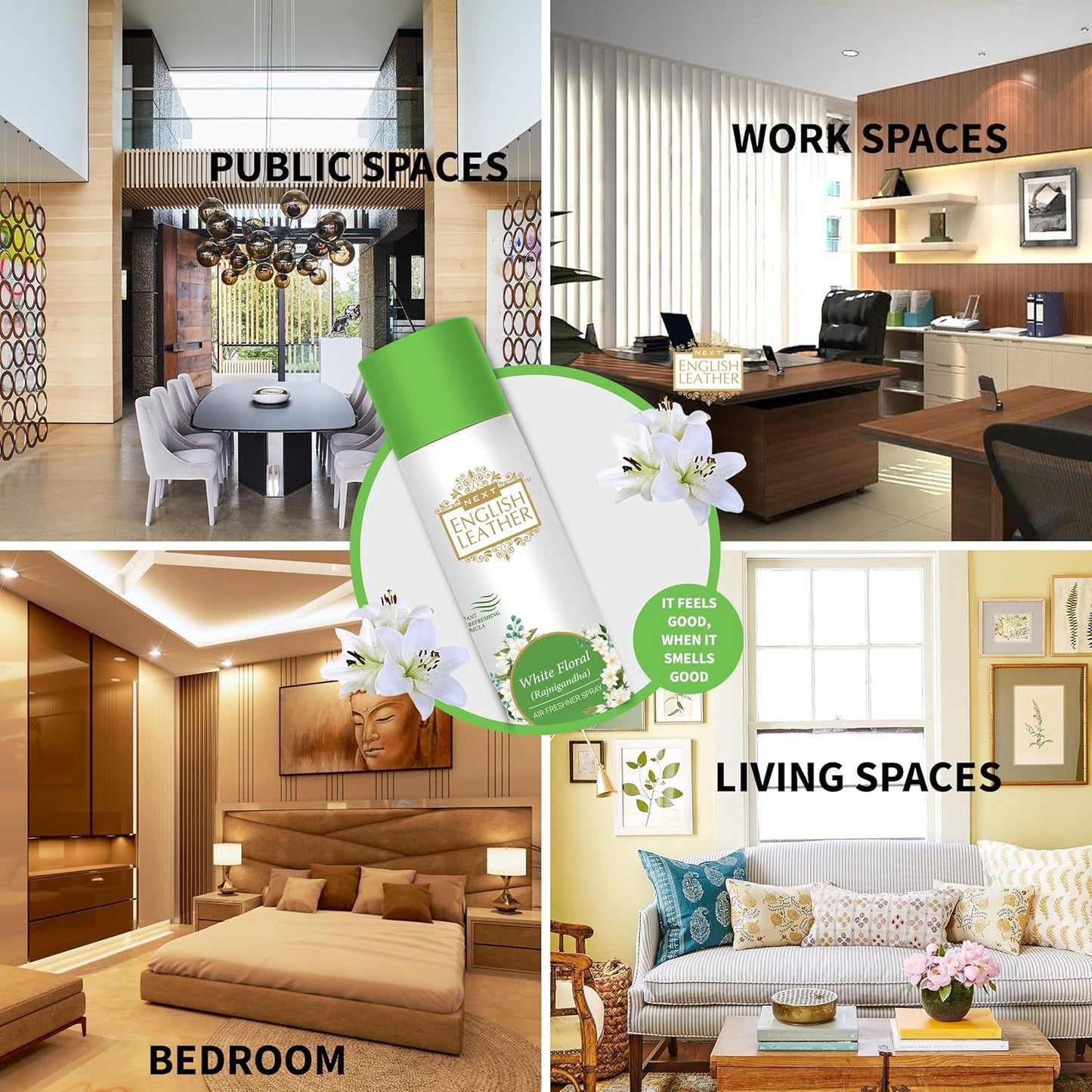Wukusy Next English Leather floral air freshener spray bottle with white floral design, 220ml for home use