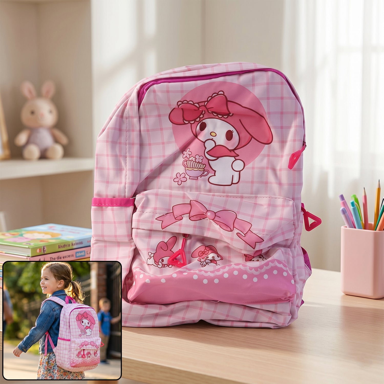 Wukusy cute 13-inch bunny and bow design backpack with adjustable straps and playful pastel colors for kids' school or outings.