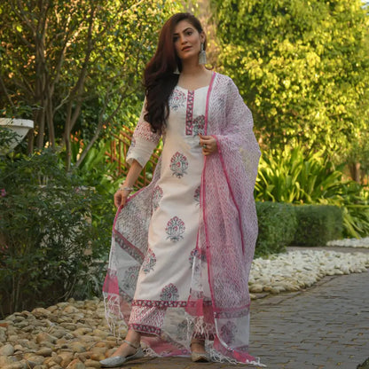 Women’s white printed cotton kurta and pant set by Default Vendor, featuring traditional design and comfortable fabric.