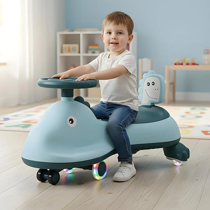 Blue shark design kids swing car ride-on toy with music, Wukusy magic twist car for children, featuring colorful graphics and fun features.