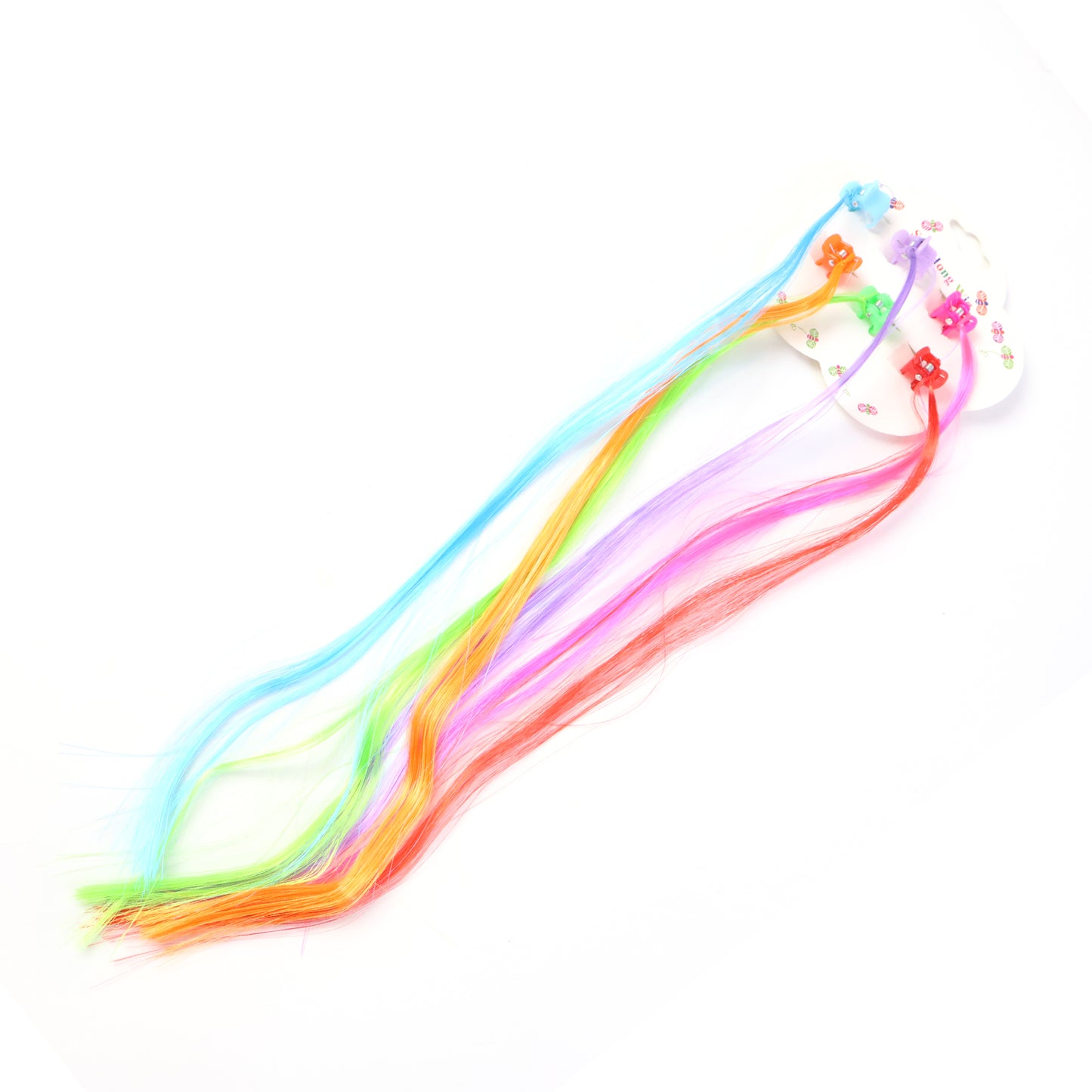 Kids hair extensions with colorful clips, 6-piece set by Wukusy, featuring mixed vibrant hair strands for playful styling.