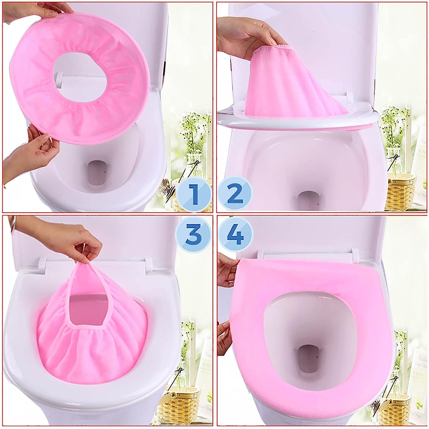 Wukusy soft, thicker, stretchable washable toilet seat cover pad installed on a bathroom toilet seat.