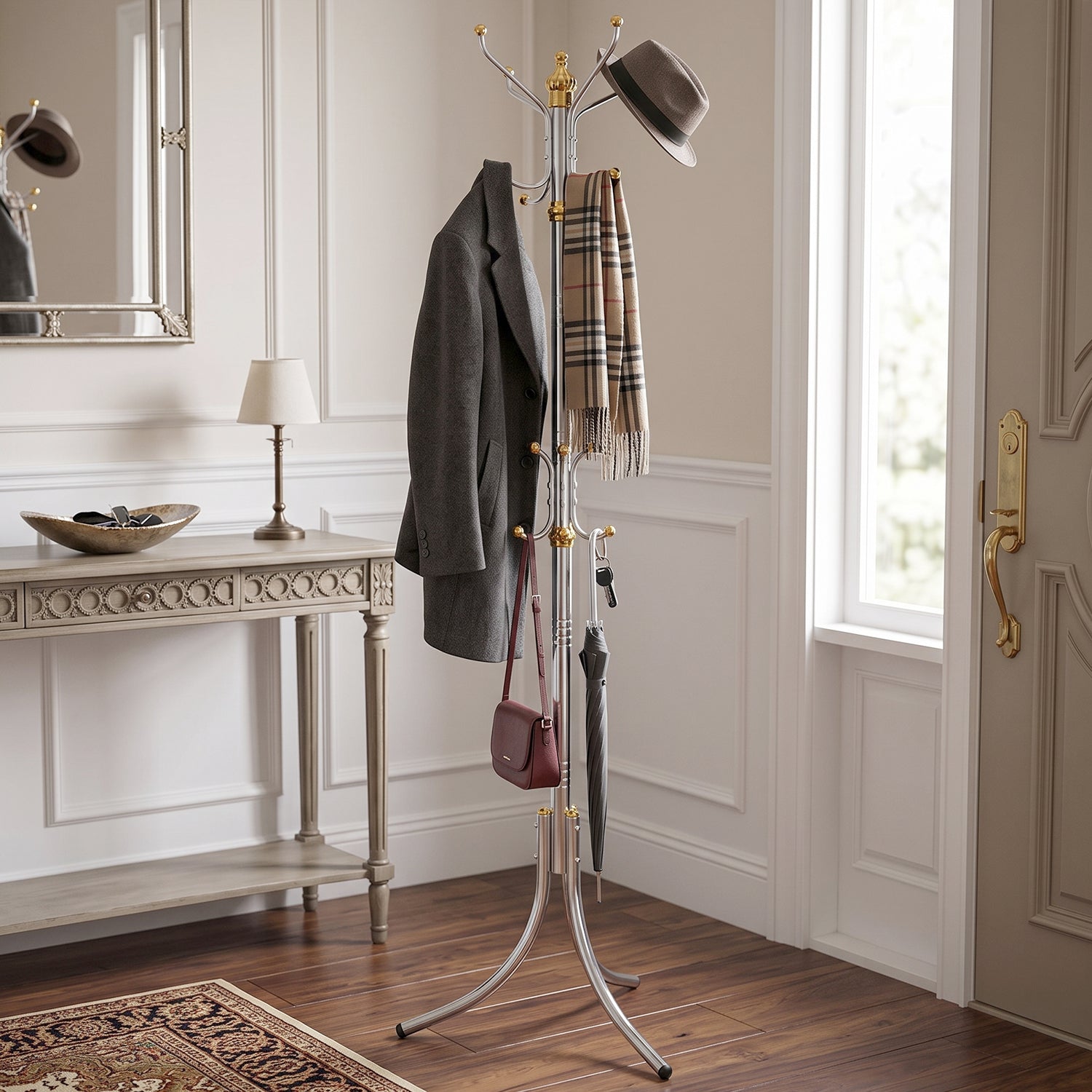 Wukusy metal floor standing coat rack with multiple hooks for hanging clothes and accessories, black finish, sturdy design.