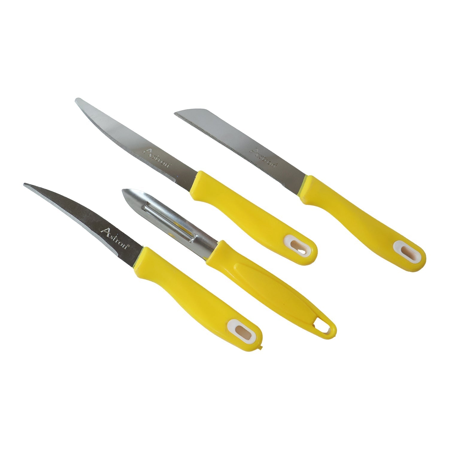 Wukusy 4-piece kitchen knife set with plastic handles and stainless steel peeler, includes chef knife, paring knife, bread knife, and peeler.