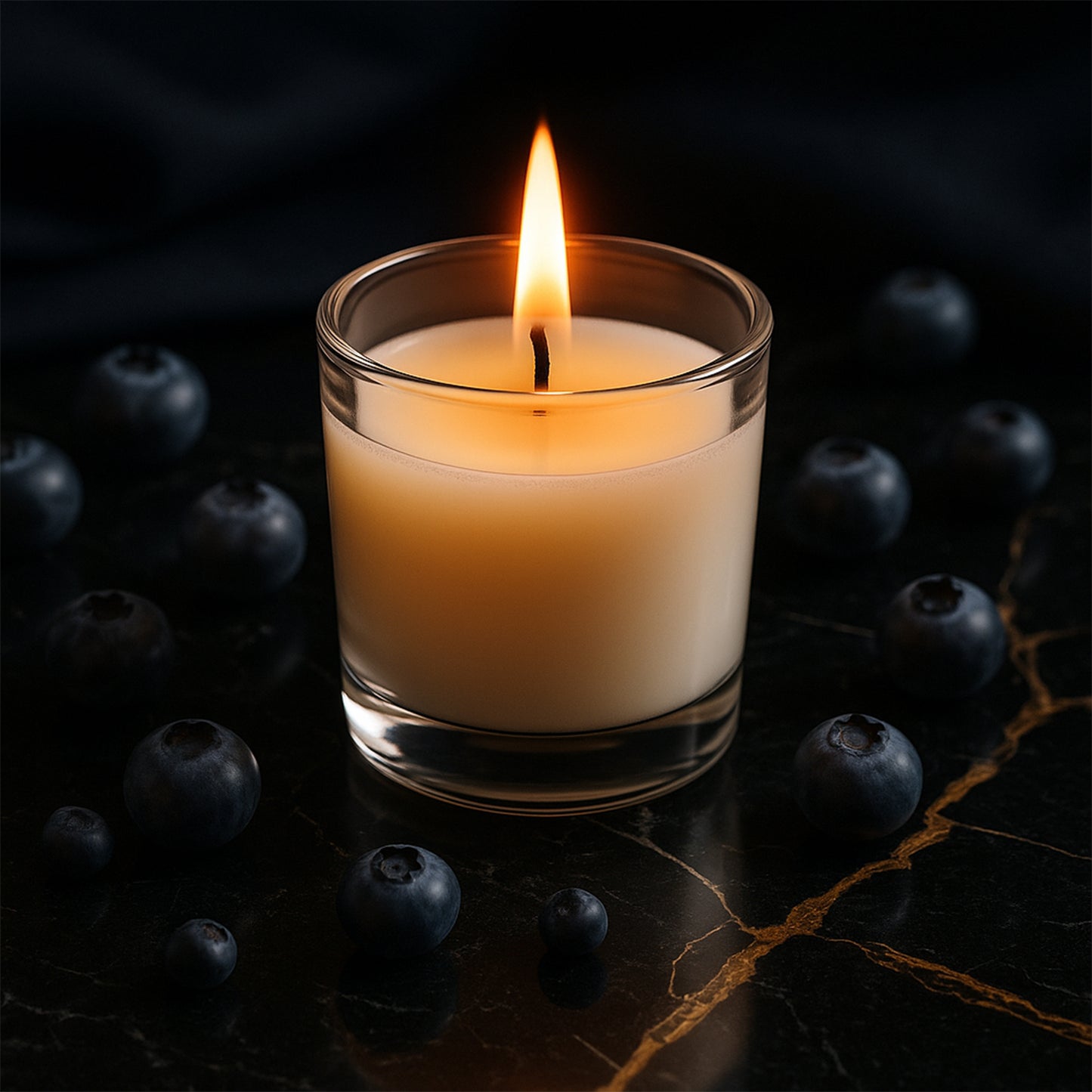 Wukusy Blueberry soy-blend votive candle in glass holder, 50g, showcasing a blue-colored candle for home decor ambiance.