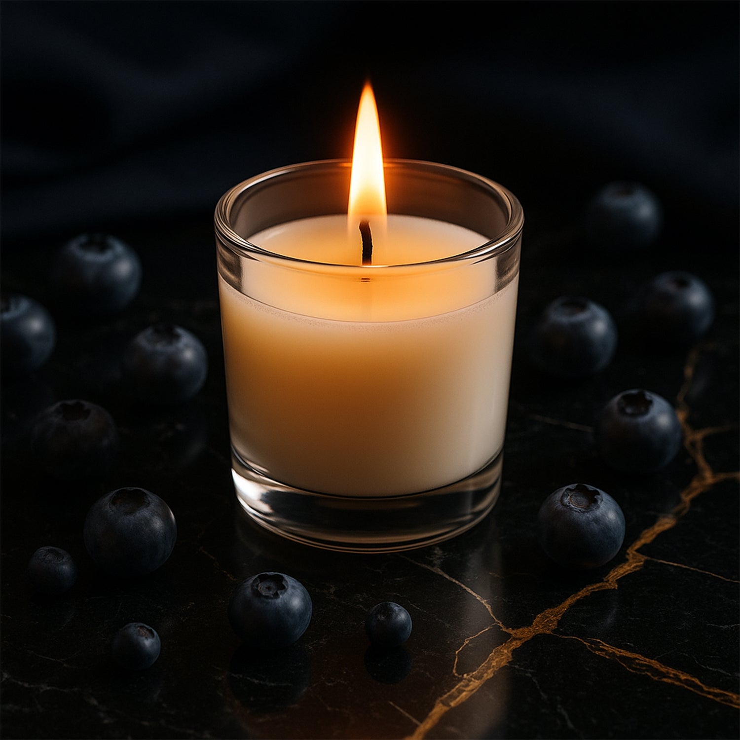 Wukusy Blueberry soy-blend votive candle in glass holder, 50g, showcasing a blue-colored candle for home decor ambiance.