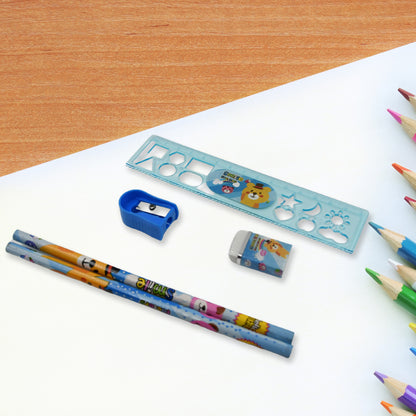 Wukusy stationery kit for kids includes wooden pencil sharpener, eraser, notebook, scale, and zip bag in a 6-piece set.