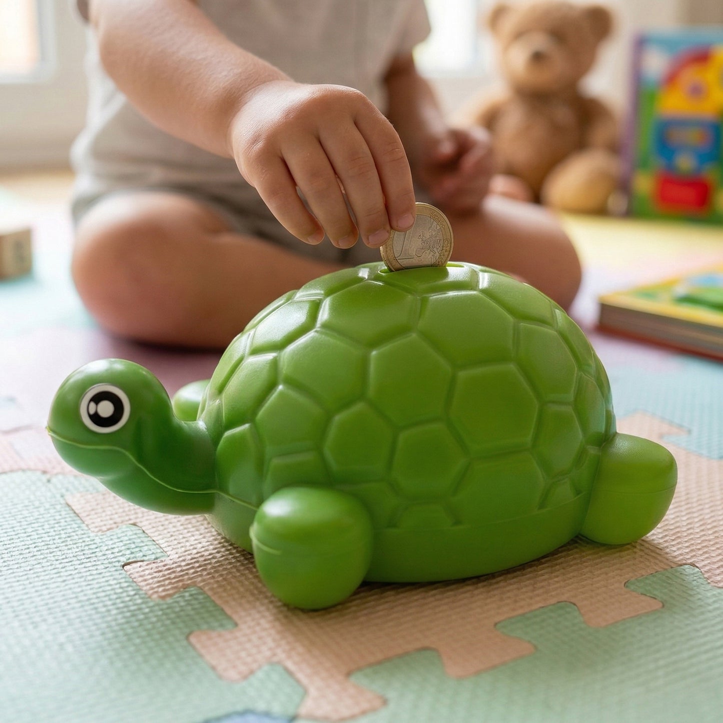 Small tortoise-shaped Wukusy money bank coin saving box, ceramic with detailed shell and cute tortoise features.