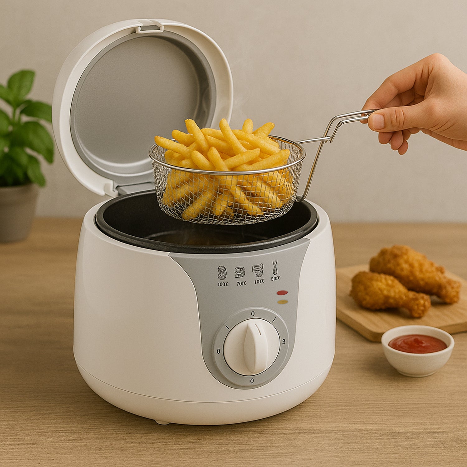 Wukusy Orbit adjustable electric deep fryer with 1200W power, featuring a stainless steel basket and control dial for home kitchen use.