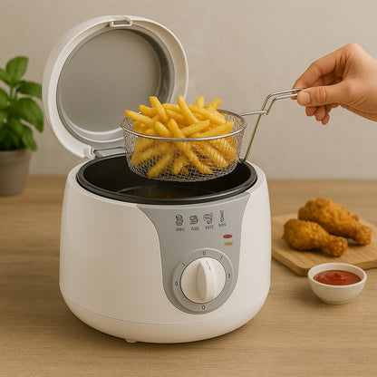Wukusy Orbit adjustable electric deep fryer with 1200W power, featuring a stainless steel basket and control dial for home kitchen use.