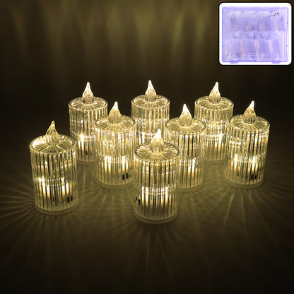 Set of 8 Wukusy crystal effect LED flameless candles for home decor, showcasing warm, flickering light and elegant design.