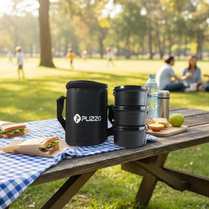 Wukusy insulated stainless steel tiffin lunch box set with carry bag, featuring multiple compartments for meal storage.