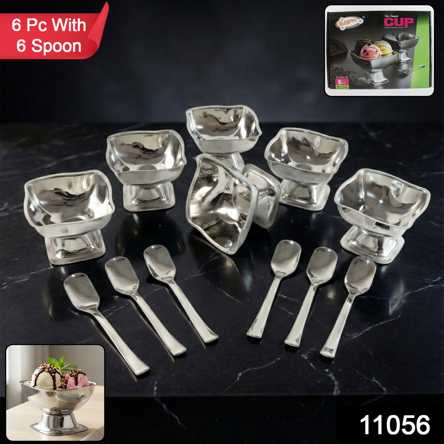 Wukusy premium stainless steel ice cream cup with 6 spoons, sleek design, and durable construction for serving frozen treats.