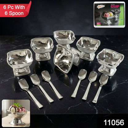 Wukusy premium stainless steel ice cream cup with 6 spoons, sleek design, and durable construction for serving frozen treats.