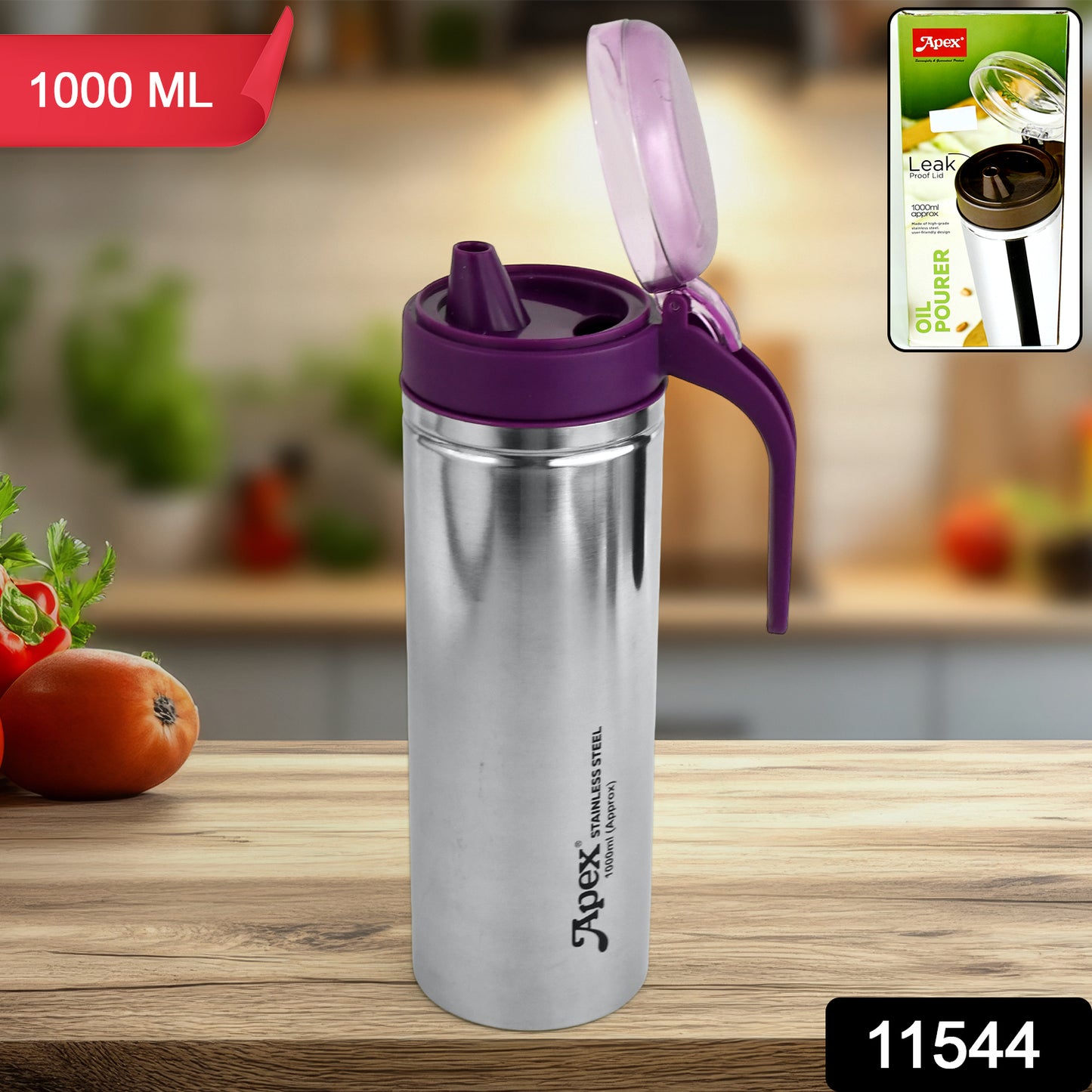 Stainless steel Wukusy Apex 1000ml oil pourer for kitchen use, with a spout for controlled oil pouring.
