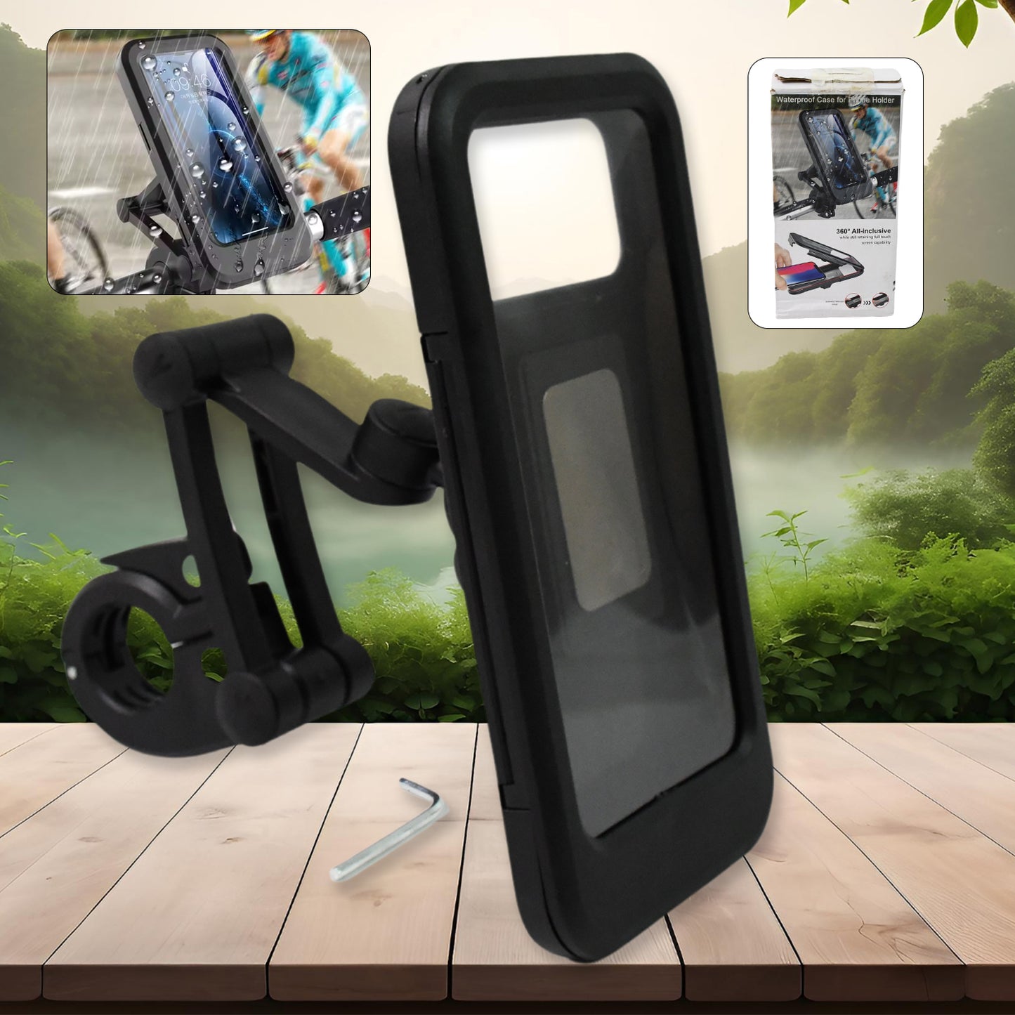 Wukusy 360 rotation waterproof bike phone mount holding a smartphone securely during cycling, with adjustable grip and durable design.