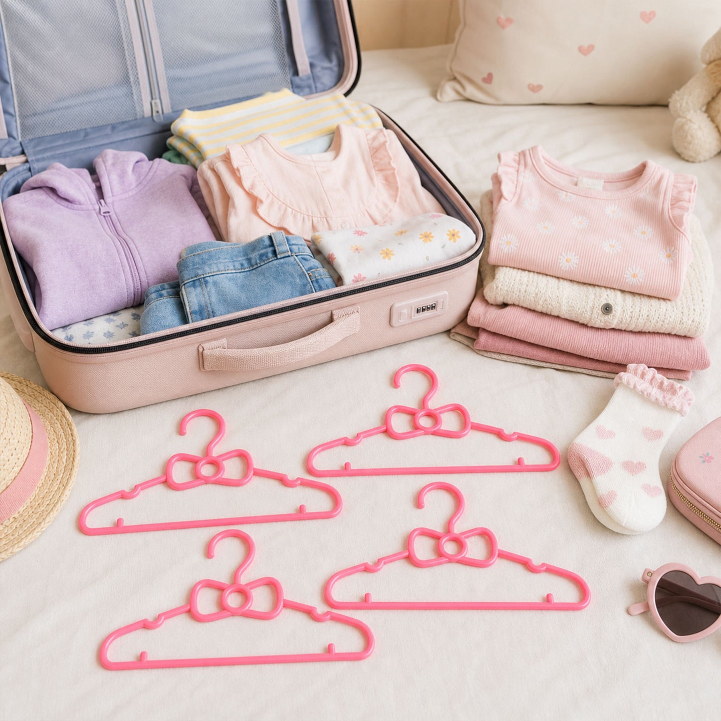Set of four Wukusy kids plastic clothes hangers with cute bow designs, ideal for baby wardrobes and children's clothing organization.
