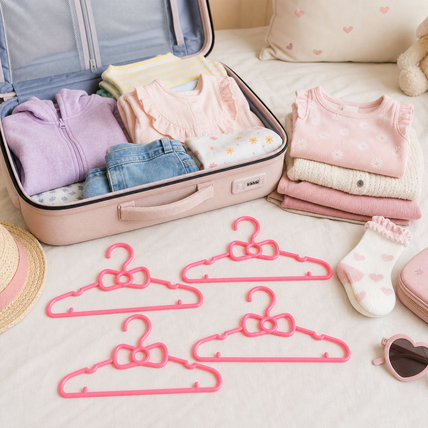 Set of four Wukusy kids plastic clothes hangers with cute bow designs, ideal for baby wardrobes and children's clothing organization.