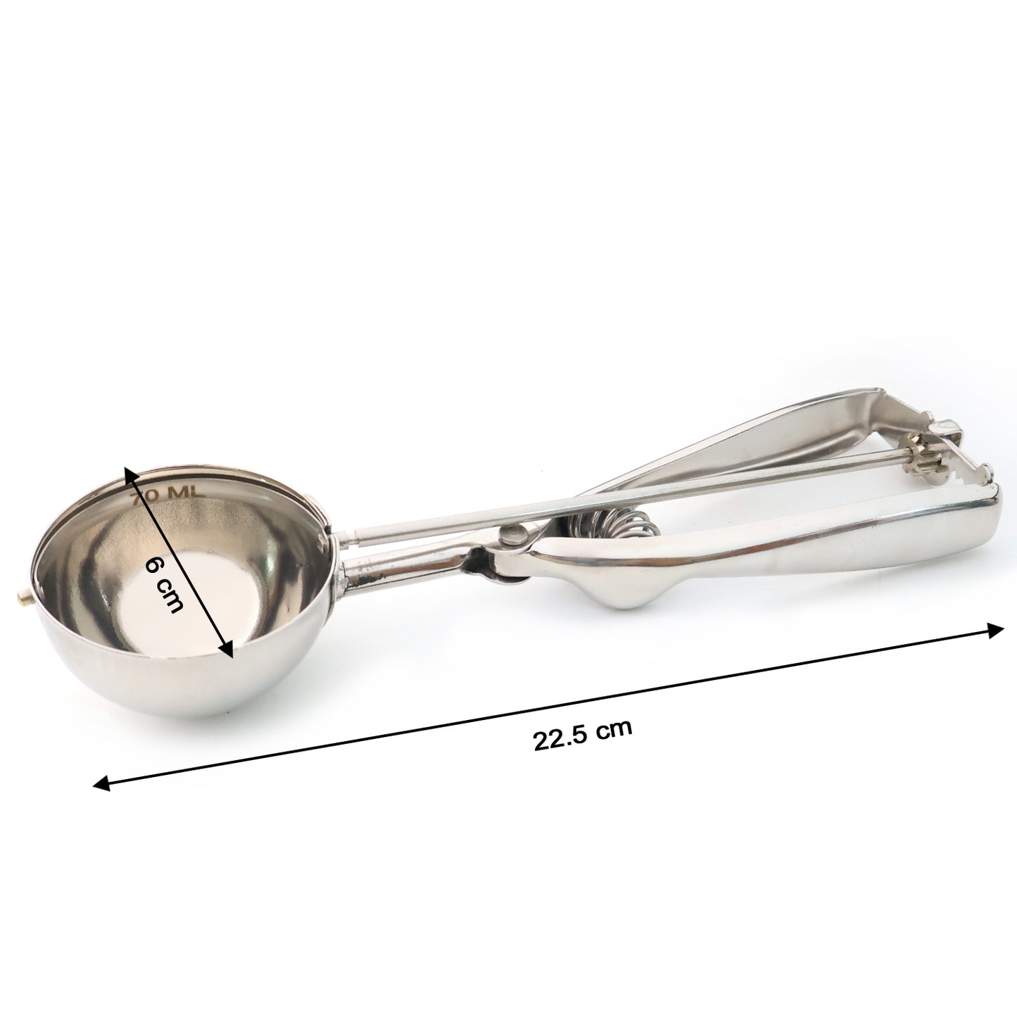 Wukusy premium stainless steel ice cream scoop with trigger release and approximately 70 ml capacity, showcasing its ergonomic handle and scoop head.