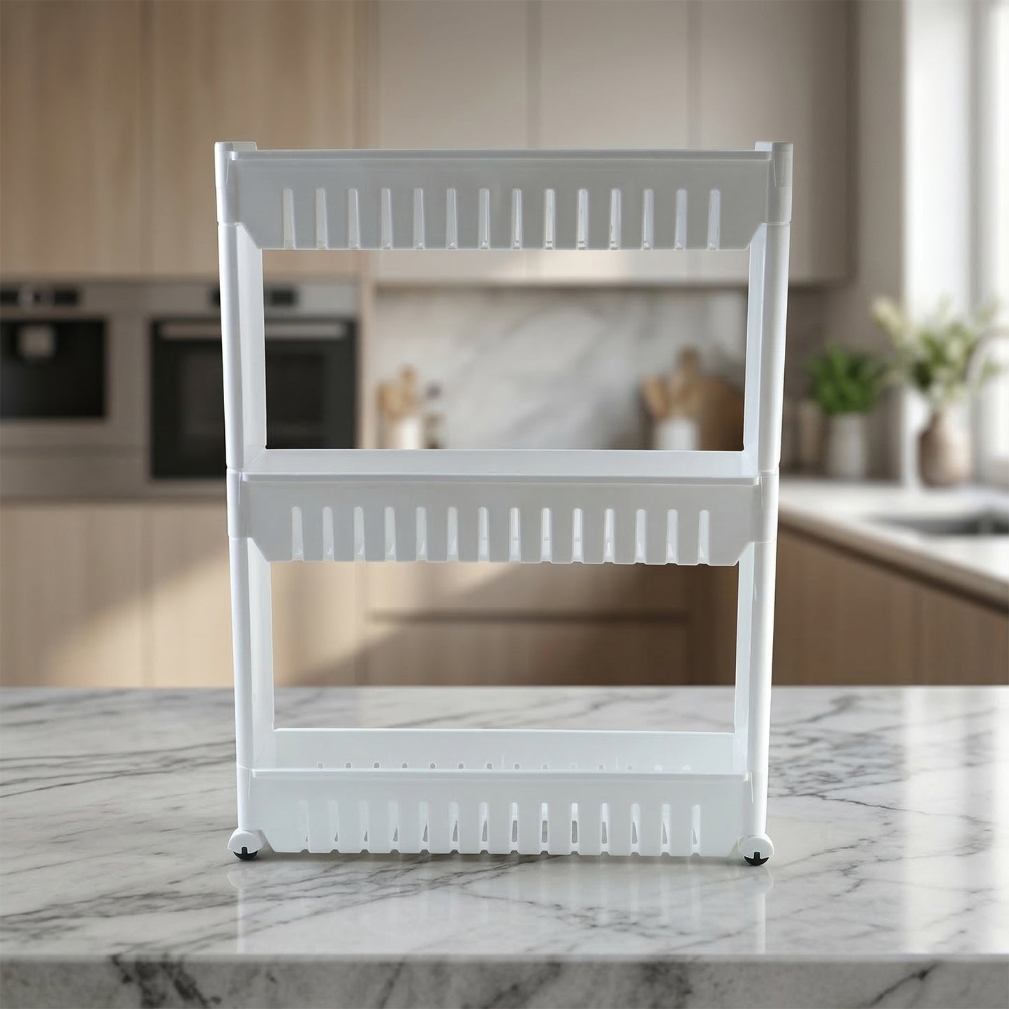 Wukusy Prexo multipurpose 3-layer kitchen storage rack organizer with metal frame and plastic shelves for kitchen organization