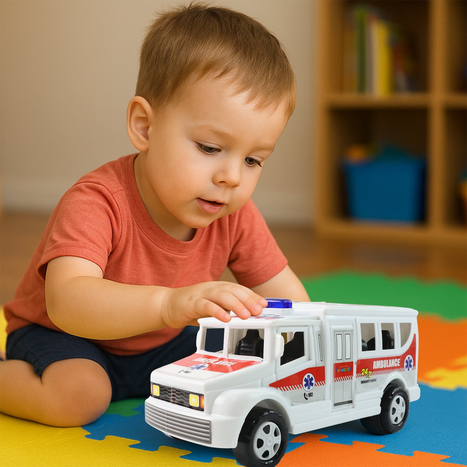 Wukusy Funwoods friction-powered ambulance toy for kids, detailed plastic emergency vehicle with moving parts and bright colors.