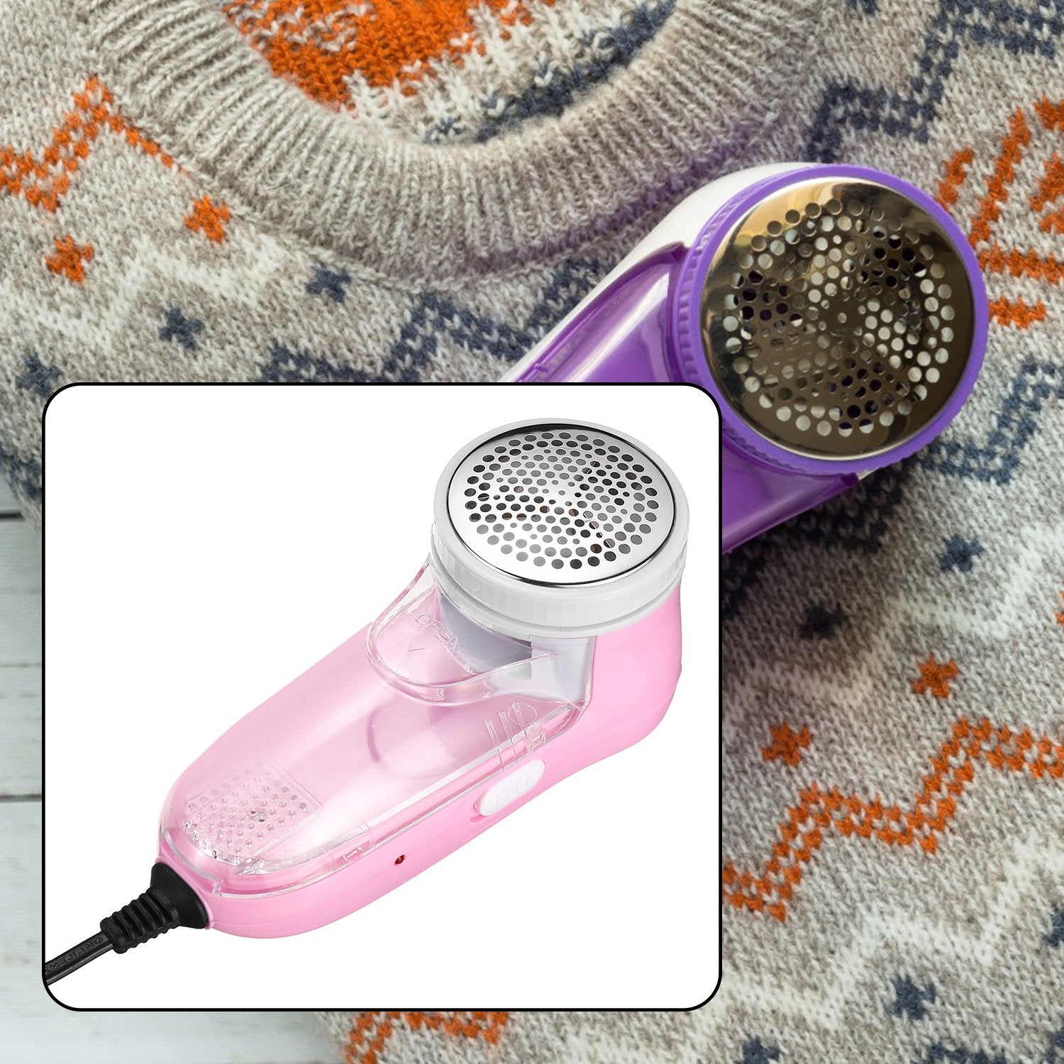 Wukusy Creative Mind lint remover for woolens, sweaters, blankets, and jackets, showing the handheld device in use.
