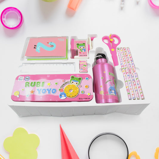 Wukusy 12-piece stationery kit includes pencils, eraser, scissors, ruler, diary, sharpener, pencil box, bottle for kids.