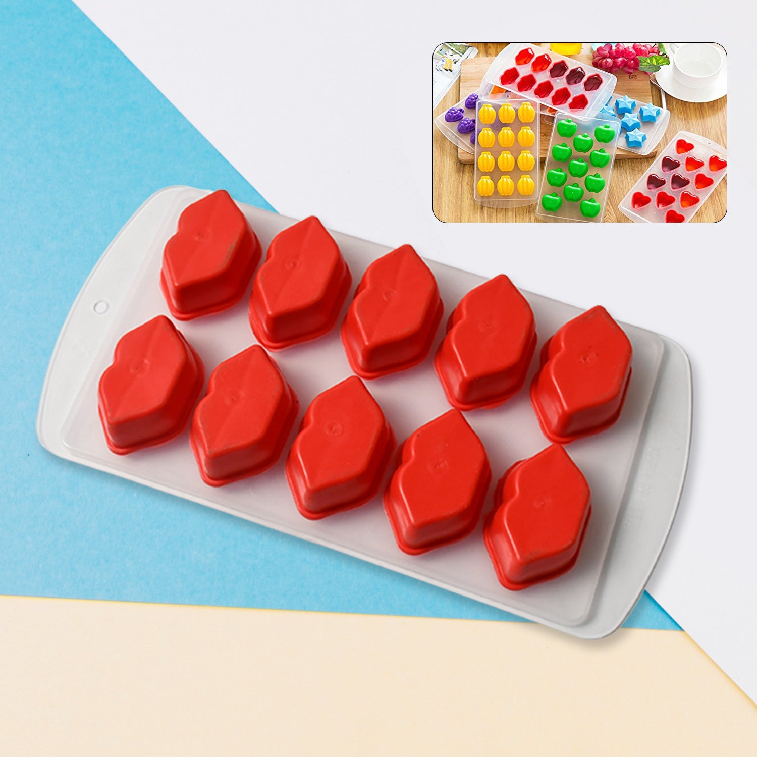 Wukusy silicone ice cube tray with multi fruit-shaped molds for creative ice cubes and fun freezer treats.