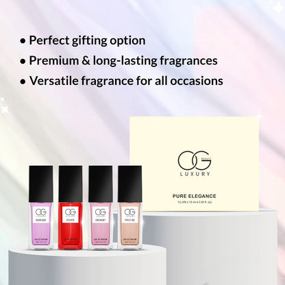 Set of four Wukusy Og Beauty Luxury Pure Elegance Eau De Parfum 15ml bottles, showcasing elegant glass bottles with floral accents.