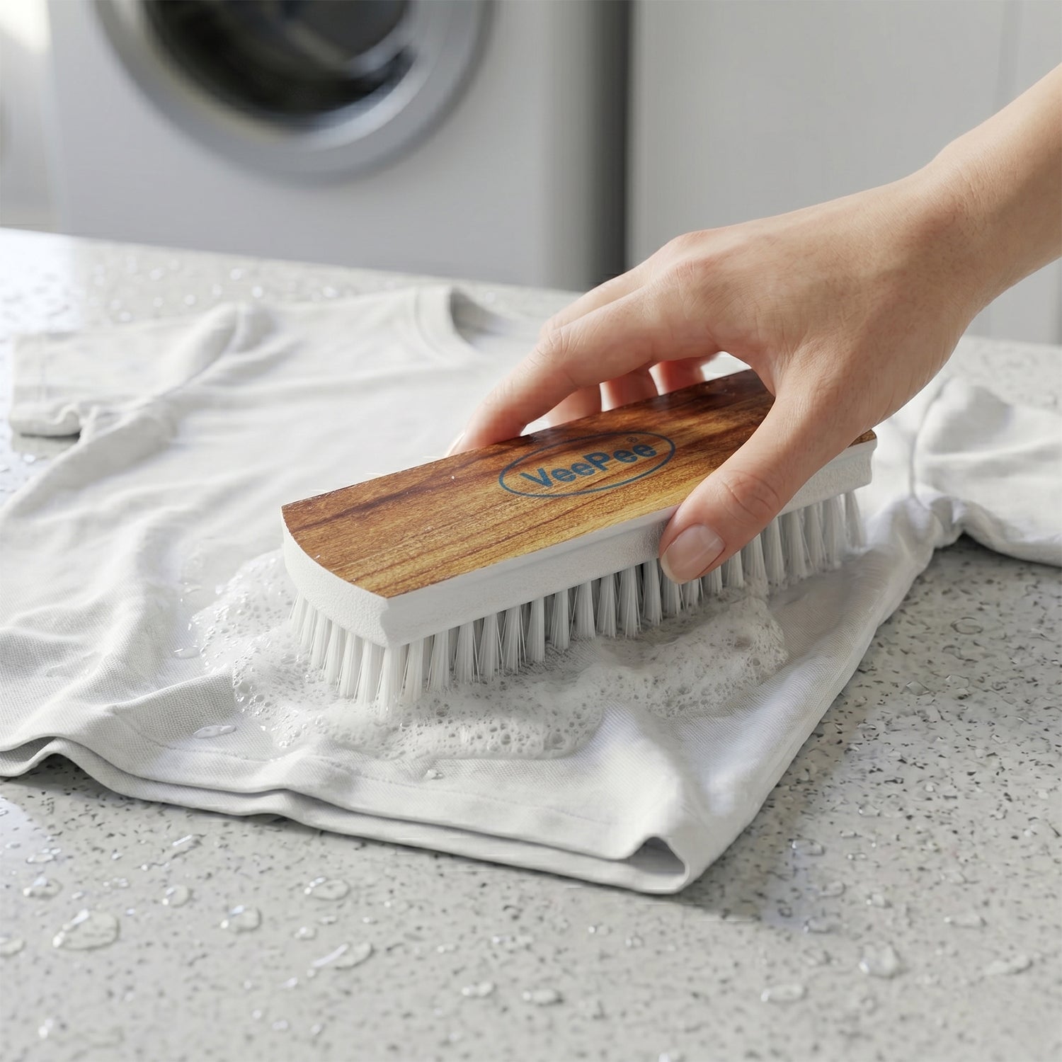 Wukusy Veepee cloth washing scrub brush with heavy-duty bristles and wooden handle for cleaning and scrubbing tasks