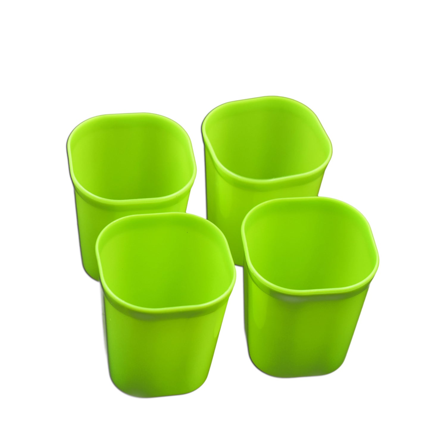 Set of four Wukusy plastic drinking glasses for milk, water, and juice, ideal for home and kitchen use.