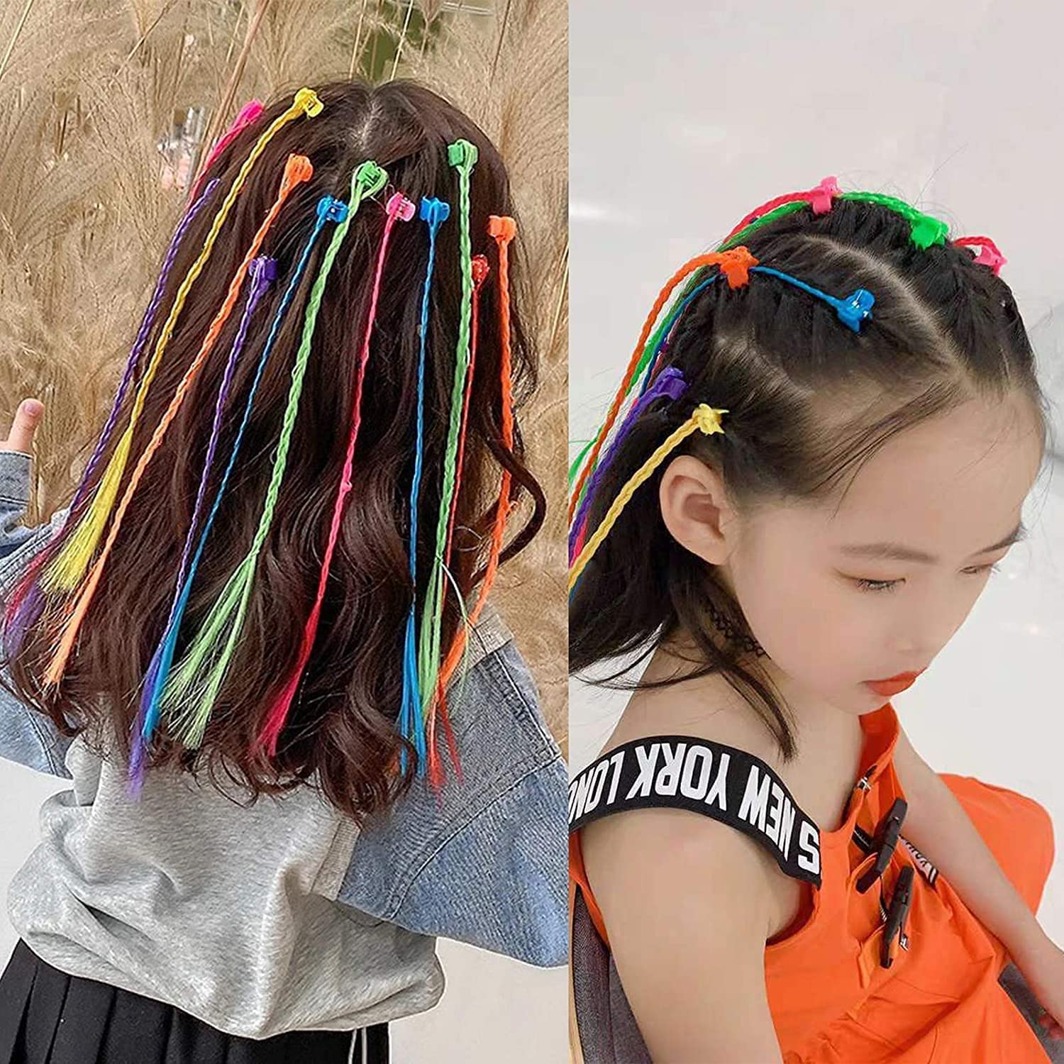 Colorful kids hair extensions with hair clips, six-piece mix set from Wukusy, perfect for playful and stylish children's hair accessories.