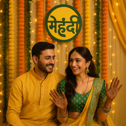 Wukusy Mehndi Ceremony wall hanging backdrop sign with decorative name plate for home decor, featuring intricate design and vibrant colors.