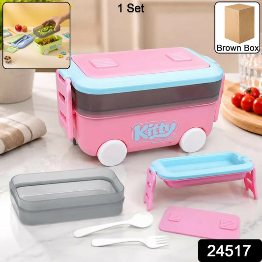 Wukusy car-shaped kids lunch box with wheels, featuring a spoon and fork, designed for school tiffin containers.