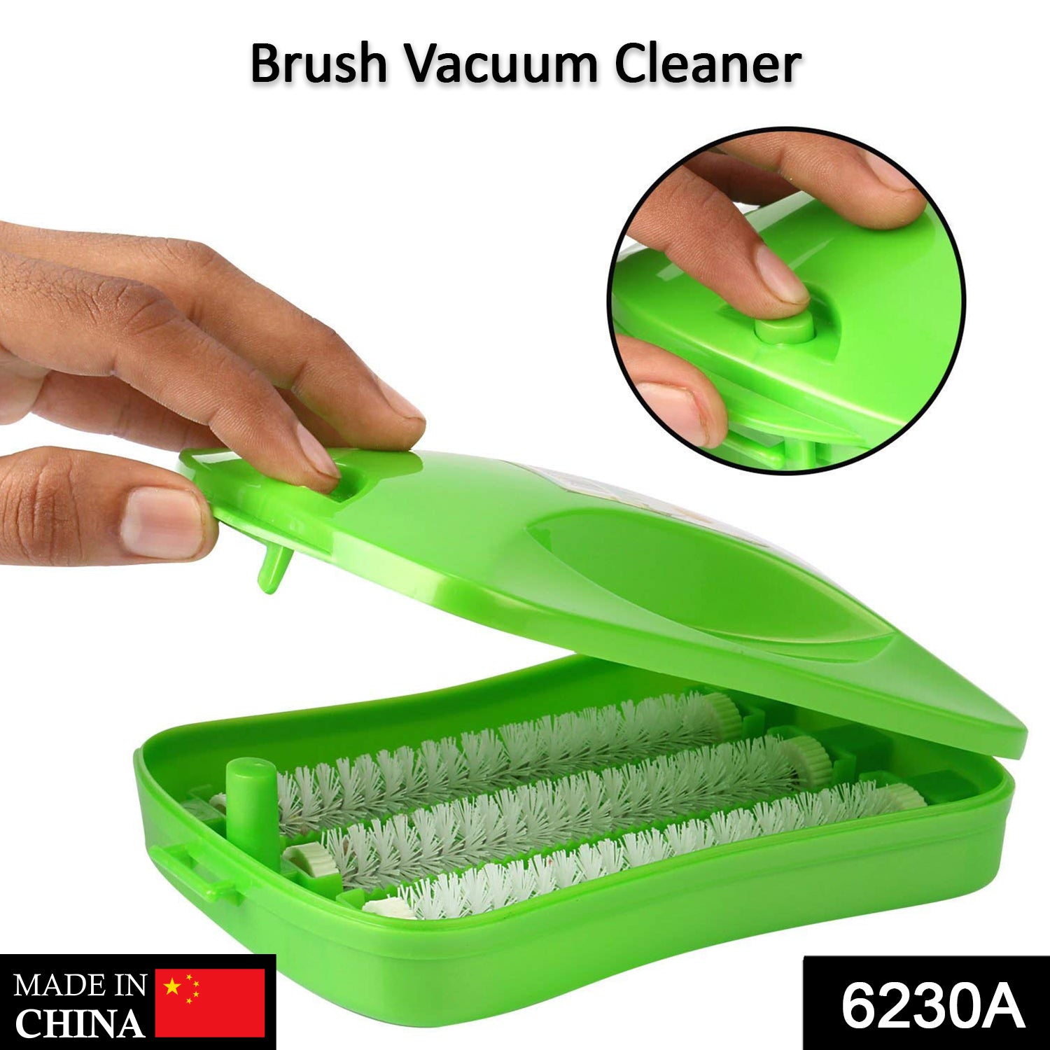 Wukusy 6230a plastic handheld carpet roller brush with dust crumb collector for wet and dry cleaning, shown in use on carpet.